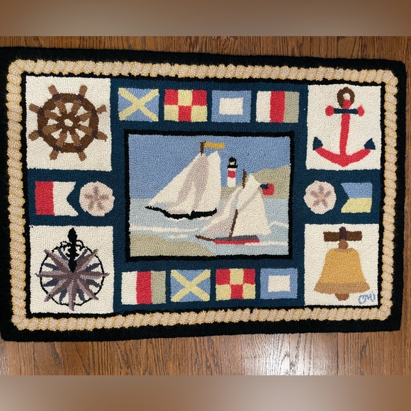 Claire Murray Other - Rare Claire Murray Nautical Hooked Rug Blue/Red Sail Boats/Ocean- 25X36 Vibrant